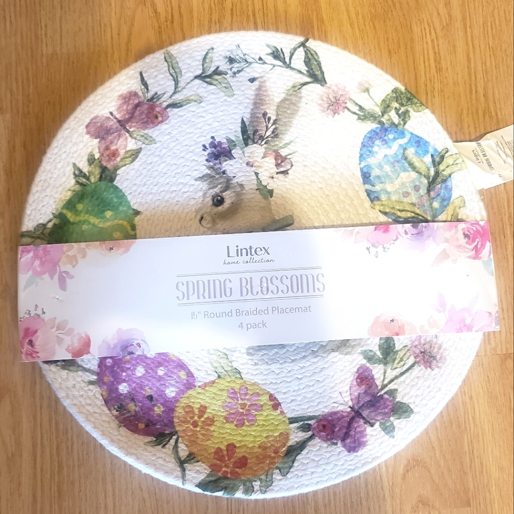 4 Spring Easter Blossoms Round Woven Placemat Set 15"